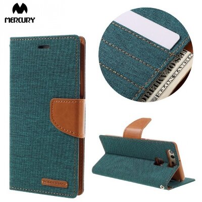 Mercury Canvas Diary Telefontok álló (flip, mágneses, oldalra nyíló, asztali tartó funkció, textil hatás) Zöld [Huawei P9]
