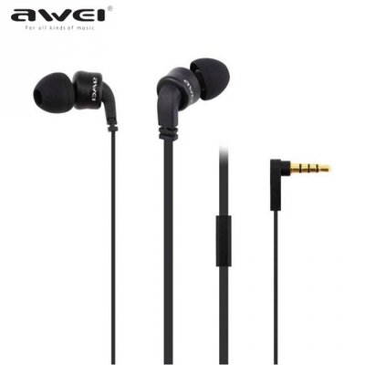 Awei ES-13I_B AWEI headset SZTEREO (3.5 mm jack, mikrofon, lapos kábel, 2 pár fülgumi) FEKETE