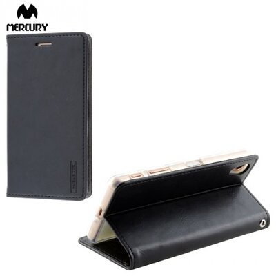 Mercury BLUE MOON flip Telefontok álló, bőr (oldalra nyíló, asztali tartó funkció) Fényes fekete [Sony Xperia X (F5121)]