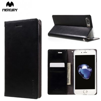 Mercury BLUE MOON flip Telefontok álló, bőr hatású (oldalra nyíló, asztali tartó funkció) Fényes fekete [Apple iPhone 7 , iPhone 8]