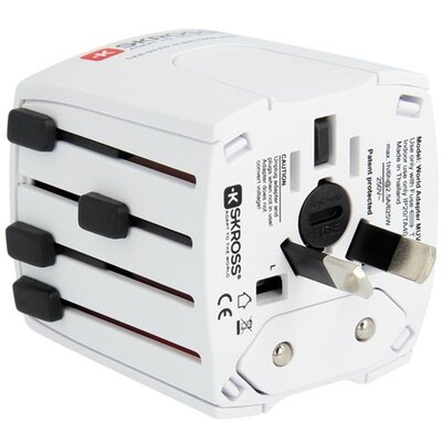 Univerzális konnektor átalakító úti adapter, MUV Micro Skross 1.302180 (240V / 2500mA, mini, EU2 pin, UK, US, CN földeletlen), Fehér