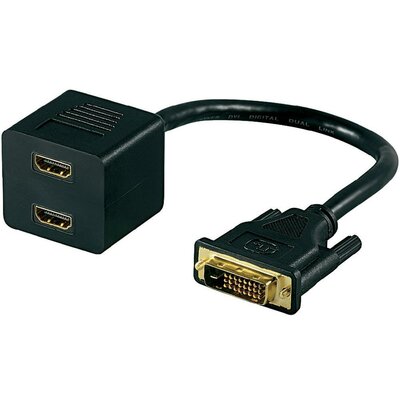 DVI elosztó kábel [1x DVI dugó, 24+1 pólusú - 2x HDMI alj] 0,15 m, fekete, aranyozott érintkező, Goobay