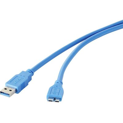 USB 3.0 csatlakozókábel, 1x USB 3.0 dugó A - 1x USB 3.0 dugó mikro B, 1 m, kék, aranyozott, renkforce