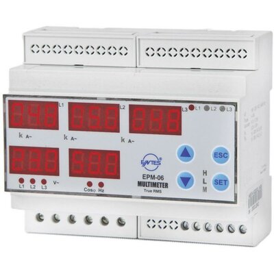 Programozható 3 fázisú DIN sínes AC multiméter, feszültség, áram, frekvencia, üzemóra, ENTES EPM-06-DIN