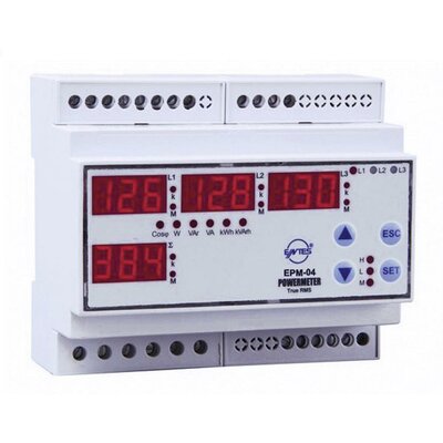 Programozható 3 fázisú DIN sínes AC multiméter, feszültség, áram, frekvencia, üzemóra, ENTES EPM-04-DIN