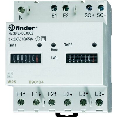 DIN sínre szerelhető 3 fázisú fogyasztásmérő 65A, MID hiteles, Finder 7E.36.8.400.0012