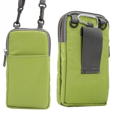 Telefontok, álló, vászon (nyakba akasztható, övre fűzhető, karabiner, cipzár, 2 zseb, Samsung Galaxy Note 7 méret) Zöld