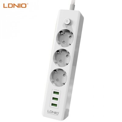 Ldnio SE3330 LDNIO hálózati elosztó (3 x aljzat, 10A, 3 x USB aljzat, max. 5V / 3100mA, 1,8m kábel, csúszásgátló) FEHÉR