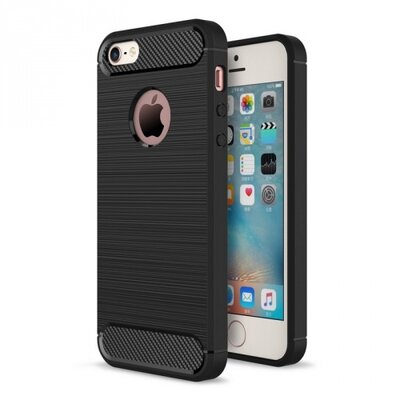 Hátlapvédő telefontok gumi / szilikon (közepesen ütésálló, szálcsiszolt, karbonminta) Fekete [Apple iPhone 5, iPhone 5S, iPhone SE]