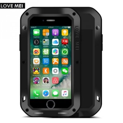 Love mei LOVE MEI Powerful defender elő- és hátlapvédő telefontok, gumi (ütésálló, Gorilla Glass üveg, fém keret) fekete [Apple iPhone 7 ]