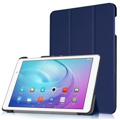 Tablet védőtok álló, bőr (FLIP, oldalra nyíló, TRIFOLD asztali tartó funkció), Sötétkék [Huawei Mediapad T2 10.0 Pro]