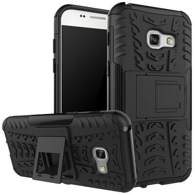 Defender műanyag hátlapvédő telefontok (közepesen ütésálló, gumi / szilikon belső, kitámasztó, autógumi minta) Fekete [Samsung Galaxy A3 (2017) (SM-A320F)]