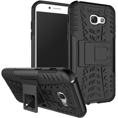 Defender műanyag hátlapvédő telefontok (közepesen ütésálló, gumi / szilikon belső, kitámasztó, autógumi minta) Fekete [Samsung Galaxy A5 (2017) (SM-A520F)]