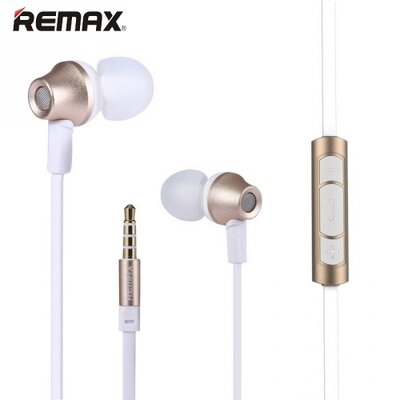 Remax RM-610D REMAX headset SZTEREO (3.5 mm jack, felvevő és hagerősz.gomb, lapos kábel, rozsdamentes borítás, 3 pár fülgumi) ARANY