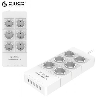 Orico HPC-6A5U-EU ORICO hálózati elosztó (6 x 230V aljzat, 1,5m hálózati kábel, 10A, USB aljzat: 3 x 5V/1000mA, 2 x 5V / 2400mA) FEHÉR