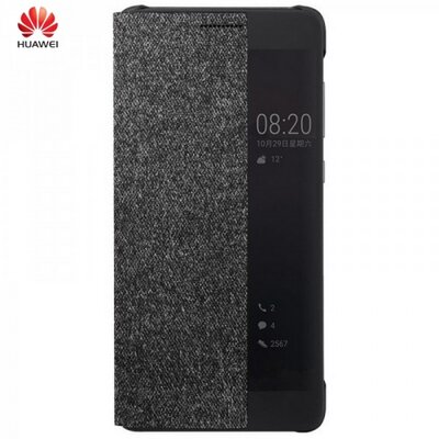 Huawei 51991886 Telefontok álló, bőr (aktív flip, oldalra nyíló, okostok, smart View Cover, textil bevonat) SötétSzürke [Huawei P10]