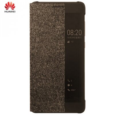 Huawei 51991887 Telefontok álló, bőr (aktív flip, oldalra nyíló, okostok, smart View Cover, textil bevonat) Barna [Huawei P10]