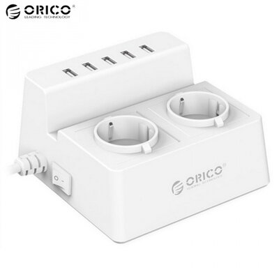 Orico 2A5U ORICO hálózati elosztó (2 x 230V aljzat, 1,5m hálózati kábel, 2.5A, USB aljzat: 5 x 5V / 2400mA, főkapcsoló) FEHÉR