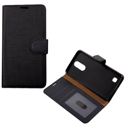 Telefontok álló, bőr hatású (flip, oldalra nyíló, asztali tartó funkció, textil hatás) Fekete [LG K4 (2017) M160]