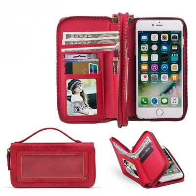 Tok álló, bőr (kivehető, mágneses telefontartó, cipzár, 2 zseb, tükör, pénztárca forma) Piros [Apple iPhone 7 ]