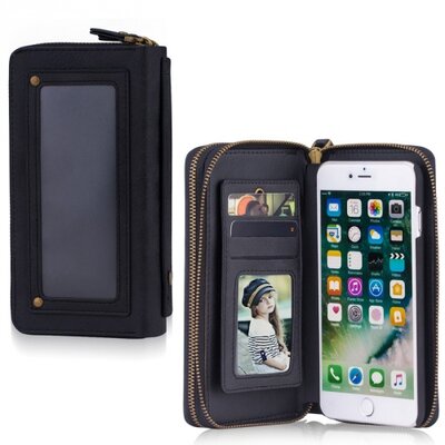 Telefontok álló, bőr (kivehető, mágneses telefontartó, cipzár, 2 zseb, tükör, pénztárca forma) fekete [Apple iPhone 7 ]