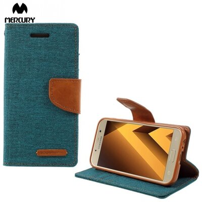 Mercury Canvas Diary Telefontok álló (flip, mágneses, oldalra nyíló, asztali tartó funkció, textil hatás) Zöld [Samsung Galaxy A3 (2017) (SM-A320F)]