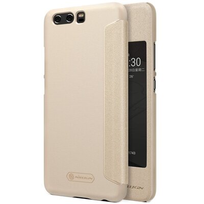 Nillkin Sparkle műanyag telefontok (mikroszálas bőr aktív flip, oldalra nyíló, View Window) Arany [Huawei P10+ Plus]