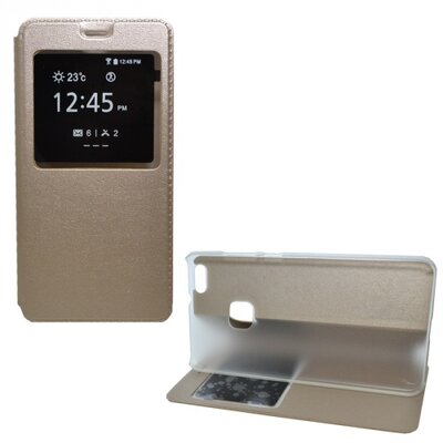 Telefontok álló, bőr hatású (flip, oldalra nyíló, asztali tartó funkció, hívószámkijelzés, View Window) Arany [Huawei P10 Lite]