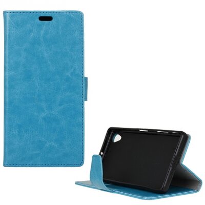 Telefontok álló, bőr hatású (flip, oldalra nyíló, asztali tartó funkció), Kék [Sony Xperia L1]