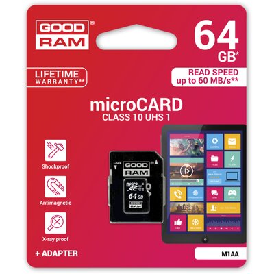 Memóriakártya GOODRAM microSD SD 64GB CLASS 10 UHS I adapterrel
