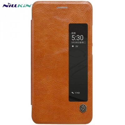 Nillkin Qin Telefontok álló, bőr hatású (aktív flip, oldalra nyíló, S-View Cover) Barna [Huawei P10]
