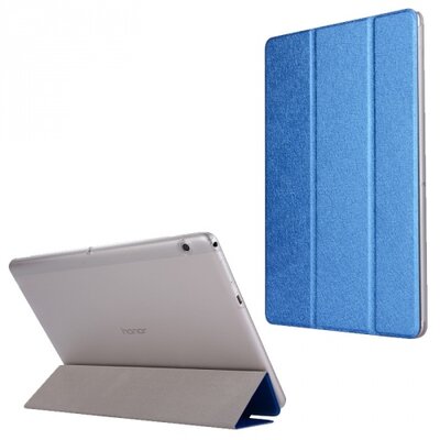Műanyag Tablet védőtok (bőr flip, oldalra nyíló, TRIFOLD asztali tartó funkció), Sötétkék [Huawei Mediapad T3 10 LTE, Mediapad T3 10 WIFI]