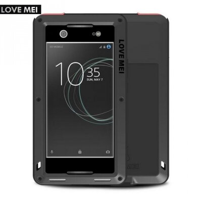 LOVE MEI Defender hátlapvédő telefontok gumi (ütésálló, Gorilla Glass üveg, fém keret) Fekete [Sony Xperia XA1 (G3112)]