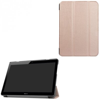 Tablet védőtok álló, bőr (FLIP, oldalra nyíló, TRIFOLD asztali tartó funkció), Rosegold [Huawei Mediapad T3 10 LTE, Mediapad T3 10 WIFI]