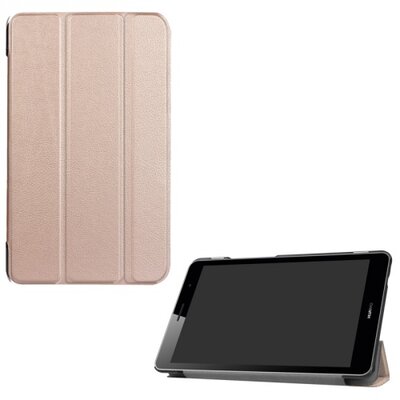 Tablet védőtok álló, bőr (FLIP, oldalra nyíló, TRIFOLD asztali tartó funkció, selyem hatás), Rosegold [Huawei Mediapad T3 8" LTE, Mediapad T3 8" WIFI]