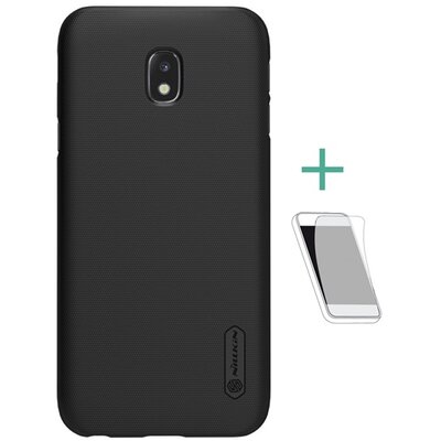 Nillkin Super Frosted műanyag hátlapvédő telefontok (gumírozott, érdes felület, kijelzővédő fóliával) Fekete [Samsung Galaxy J3 (2017) (SM-J330) EU]