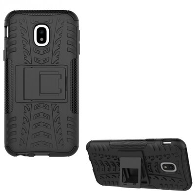 Defender műanyag hátlapvédő telefontok (közepesen ütésálló, gumi / szilikon belső, kitámasztó, autógumi minta) Fekete [Samsung Galaxy J3 (2017) (SM-J330) EU]