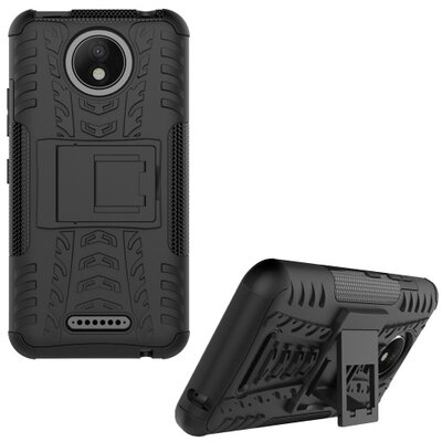 Defender műanyag hátlapvédő telefontok (közepesen ütésálló, gumi / szilikon belső, kitámasztó, autógumi minta) fekete [Motorola Moto C+ Plus (XT1723)]