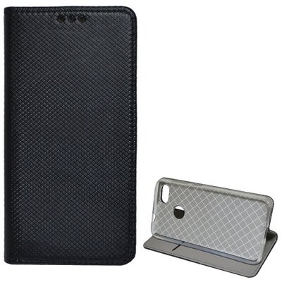 Telefontok álló, bőr hatású (flip, mágneses, oldalra nyíló, asztali tartó funkció, textil hatás) fekete [Huawei P9 lite Mini]