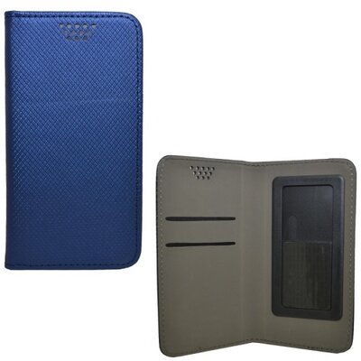 Tablet védőtok álló, bőr (oldalra nyíló, csúsztatható, NANOPAD szerű készülék rögzítés, textil hatás, 4,7-5" készülékekhez) KÉK