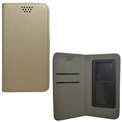Tablet védőtok álló, bőr (oldalra nyíló, csúsztatható, NANOPAD szerű készülék rögzítés, textil hatás, 4,7-5"készülékekhez) ARANY