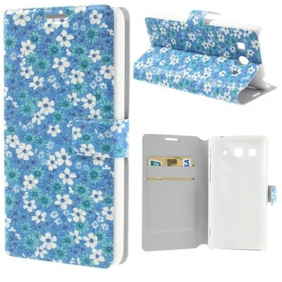 Telefontok álló, bőr hatású (flip, mágneses, oldalra nyíló, asztali tartó funkció, virágminta) Kék [Huawei Ascend G525]