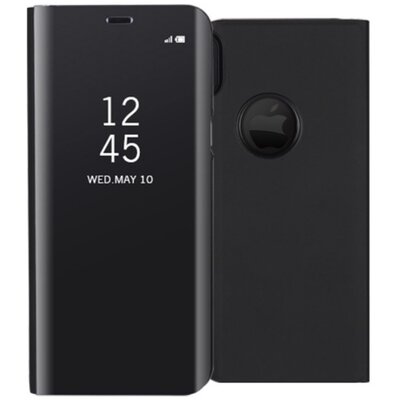 Telefontok álló, bőr hatású (flip, oldalra nyíló, hívókijelzés, logo kivágás, Clear View Window) Fekete [Apple iPhone X]