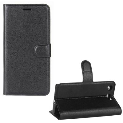 Telefontok álló, bőr hatású (flip, oldalra nyíló, asztali tartó funkció) Fekete [Sony Xperia XZ1 Compact]