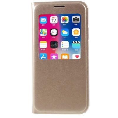 Telefontok álló, bőr hatású (flip, oldalra nyíló, hívókijelzés, logo kivágás, View Window) Arany [Apple iPhone X]