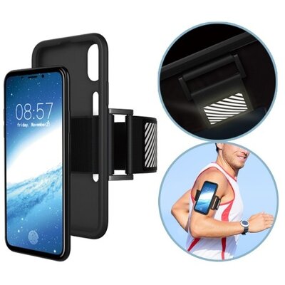 Hátlapvédő telefontok gumi / szilikon (karra rögzíthető, sportoláshoz, fényvisszaverő csík) Fekete [Apple iPhone X]