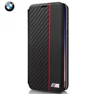 Cg mobile BMBKTRPXCAPRBK BMW műanyag telefontok (bőrflip, átlátszó hátlap, oldalra nyíló, karbonminta) Fekete [Apple iPhone X]