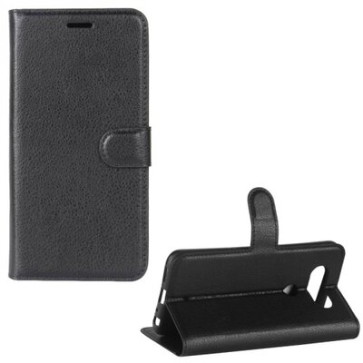 Telefontok álló, bőr hatású (flip, mágneses, oldalra nyíló, asztali tartó funkció) Fekete [LG Q8]