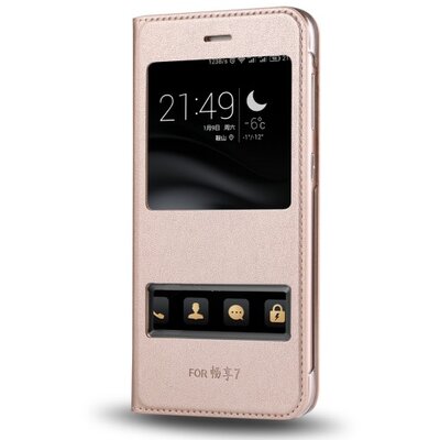 Telefontok álló, bőr hatású (flip, oldalra nyíló, Dual View Window) Arany [Huawei P9 lite mini]