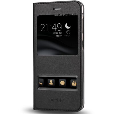 Telefontok álló, bőr hatású (flip, oldalra nyíló, Dual View Window) Fekete [Huawei P9 lite mini]